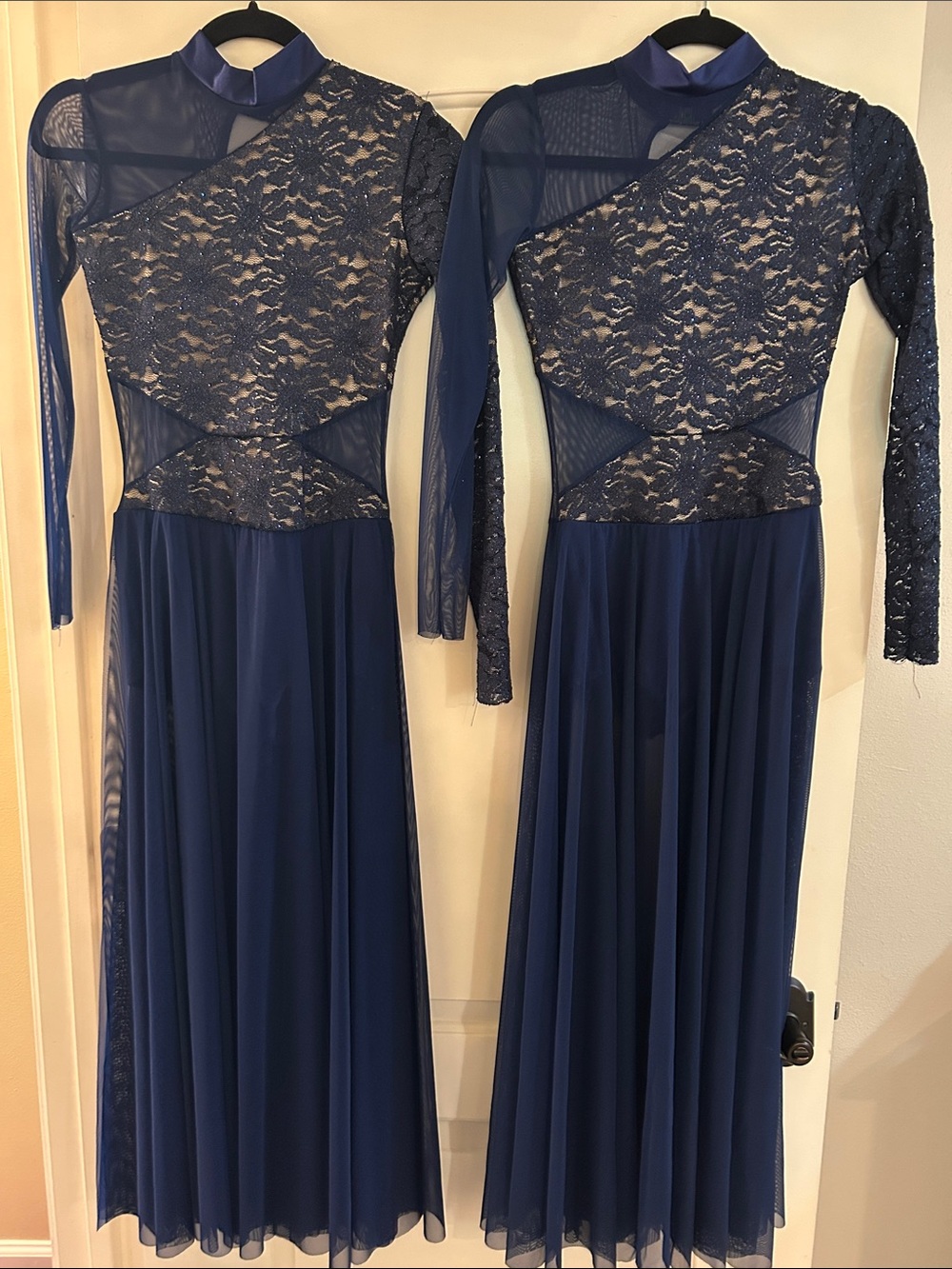 Dance Costume duet Navy Long-Sleeve Lace & Mesh glitter pair of 2